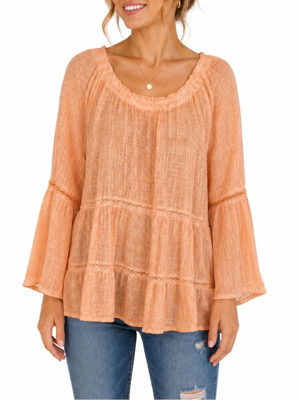 Spense Peach/coral boho blouse featuring a lightweight, gauze-like fabric